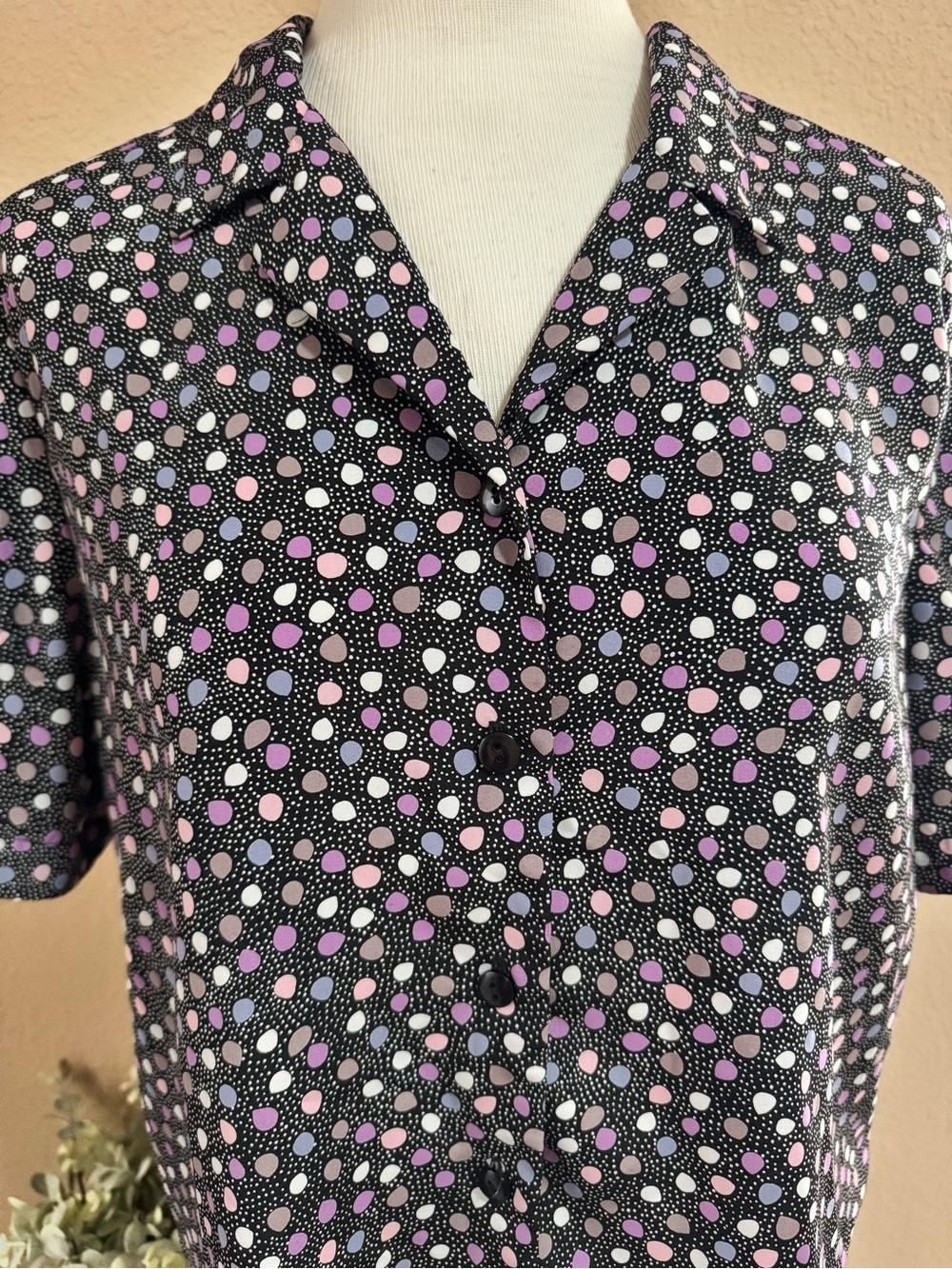 Liz Baker Black Short-Sleeve Button-Down Top with Pink, Lavender & White Dots